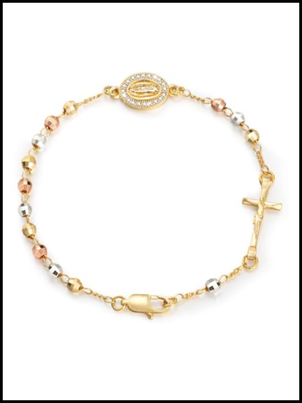 14K Gold Plated Catholic Rosary Bracelet Women Virgin Mary Crucifix Link Chain